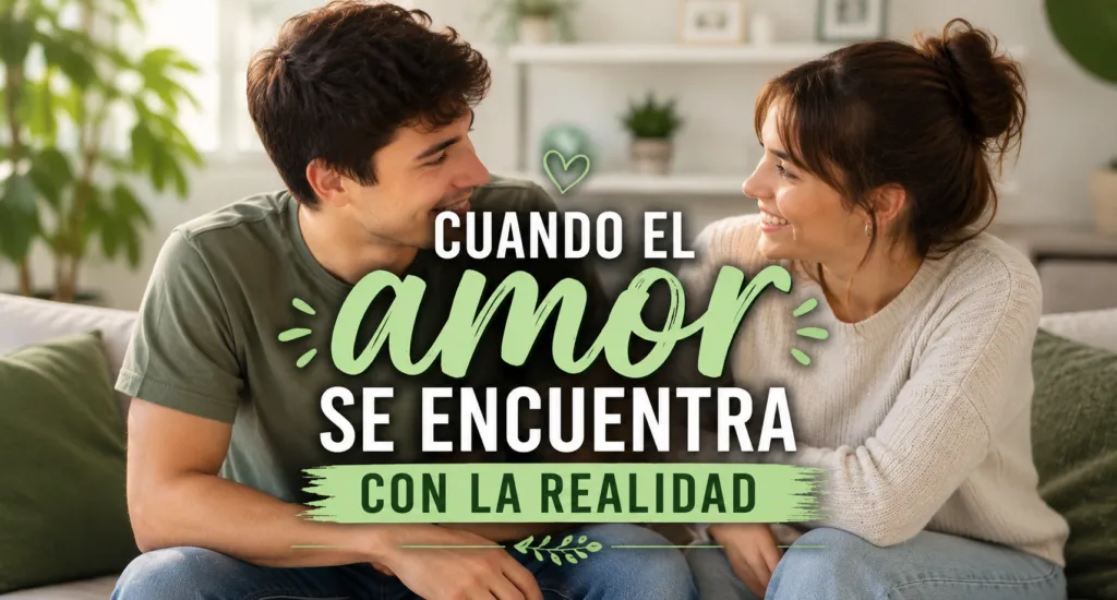 Pareja sonriendo y abrazada en un sofá, con el texto superpuesto: 'Cuando el amor se encuentra con la realidad'
