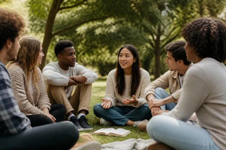 50+ Temáticas para Jóvenes Cristianos que Transforman Vidas - Renuevo De Plenitud Group of six young adults sitting in a circle on the grass, sharing a discussion in a park with an open book nearby