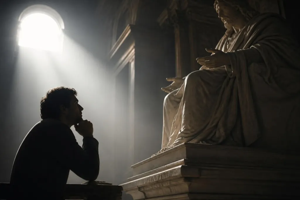 Man in profile kneels in prayer before a large seated statue in a dim church, light streaming through a window behind him.