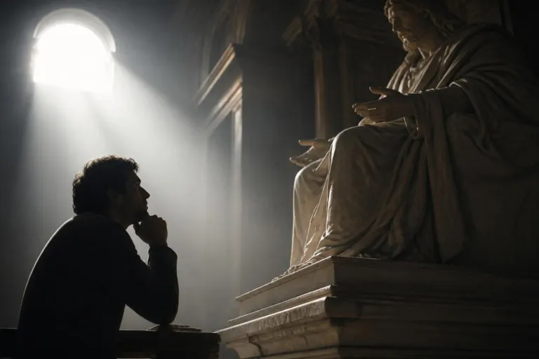 Alguien Mejor que Dios Una Reflexión Profunda - Renuevo De Plenitud Man in profile kneels in prayer before a large seated statue in a dim church, light streaming through a window behind him.