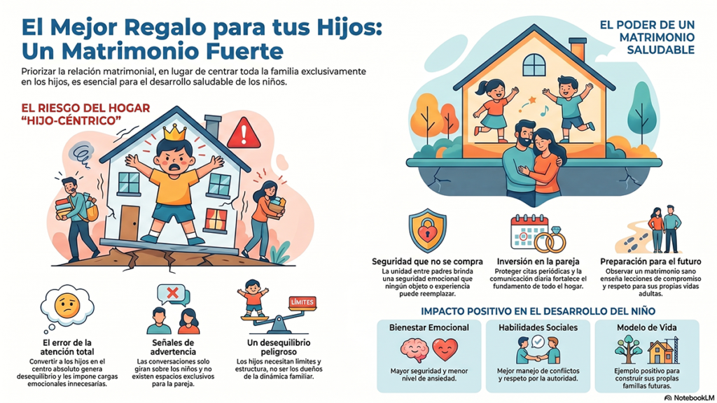 Beneficios_de_un_matrimonio_fuerte - Renuevo De Plenitud Infografía en español que explica por qué un matrimonio fuerte beneficia a los hijos, con escenas de conflicto, apoyo mutuo y beneficios emocionales y de desarrollo.