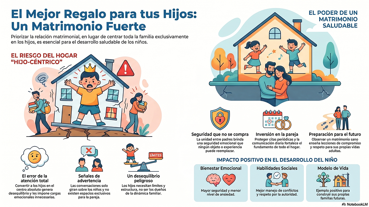Beneficios_de_un_matrimonio_fuerte - Renuevo De Plenitud Infografía en español que explica por qué un matrimonio fuerte beneficia a los hijos, con escenas de conflicto, apoyo mutuo y beneficios emocionales y de desarrollo.