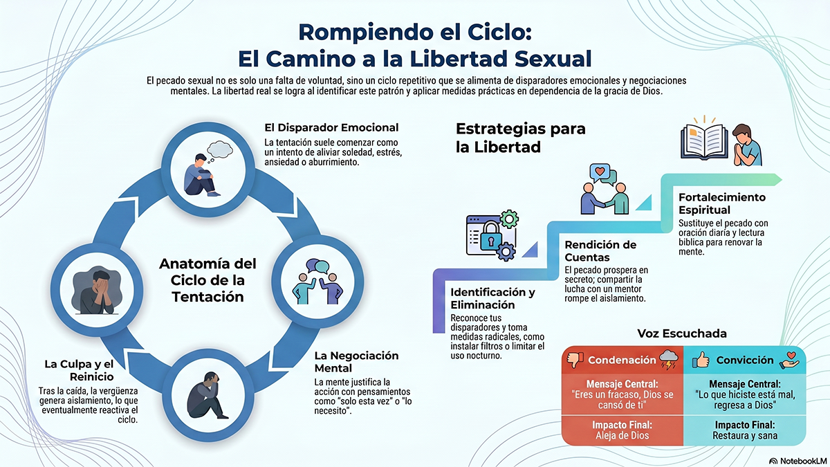 Camino_a_la_Libertad_Sexual - Renuevo De Plenitud Infografía en español sobre el ciclo de la tentación, mostrando un círculo con etapas y un esquema de estrategias para la libertad sexual.