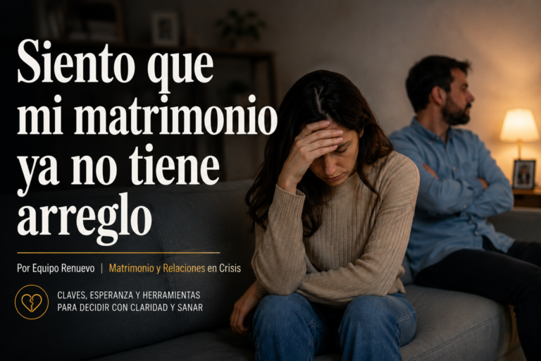 Woman sitting on a couch with her head in her hand, looking distressed while a man sits apart in the background; large Spanish headline about a failing marriage dominates the left side.