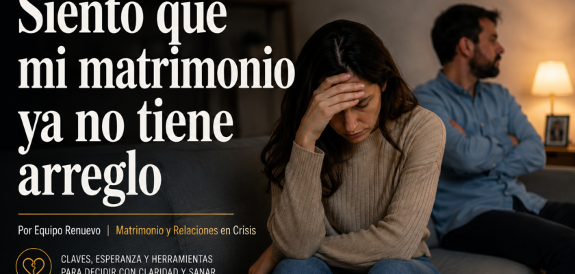 Woman sitting on a couch with her head in her hand, looking distressed while a man sits apart in the background; large Spanish headline about a failing marriage dominates the left side.