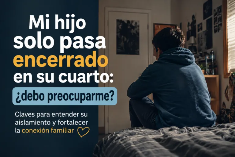 Cartel informativo en español sobre un adolescente aislado en su habitación, con texto grande que pregunta si preocuparse y cómo fortalecer la conexión familiar.