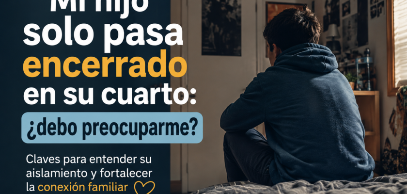 Cartel informativo en español sobre un adolescente aislado en su habitación, con texto grande que pregunta si preocuparse y cómo fortalecer la conexión familiar.