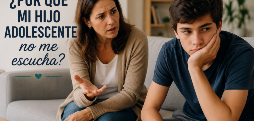 Madre habla con su hijo adolescente en un sofá; ambos parecen preocupados, junto al texto ¿Por qué mi hijo adolescente no me escucha?