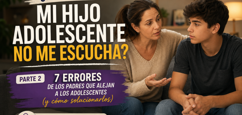 Mother talks calmly to her teenage son on a couch as a bold Spanish headline asks '¿Por qué mi hijo adolescente no me escucha?'.