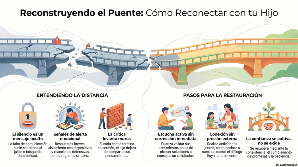Infografía titulada Reconstruyendo el Puente: Cómo Reconectar con tu Hijo, mostrando puentes rotos y pasos de restauración.