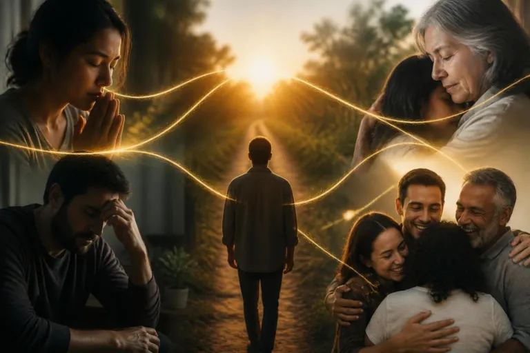 A man walks away along a glowing golden thread that connects diverse people forming a web of relationships at sunset.