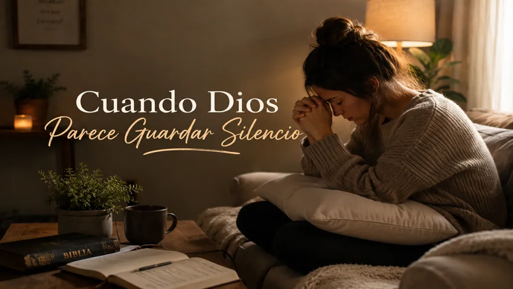 Woman praying on a sofa with hands clasped, a Bible and mug on a wooden table, plant and warm lamp in the background; overlay text: 'Cuando Dios Parece Guardar Silencio'