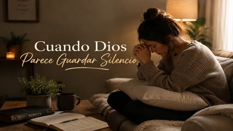 Woman praying on a sofa with hands clasped, a Bible and mug on a wooden table, plant and warm lamp in the background; overlay text: 'Cuando Dios Parece Guardar Silencio'