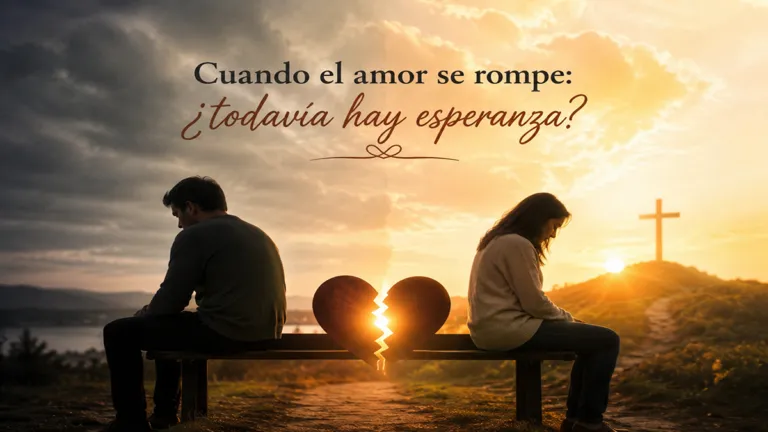 Cuando el amor se rompe todavía hay esperanza - Renuevo De Plenitud Two people sit back-to-back on a bench, a glowing broken heart between them, at sunset with a cross on a hill in the distance.