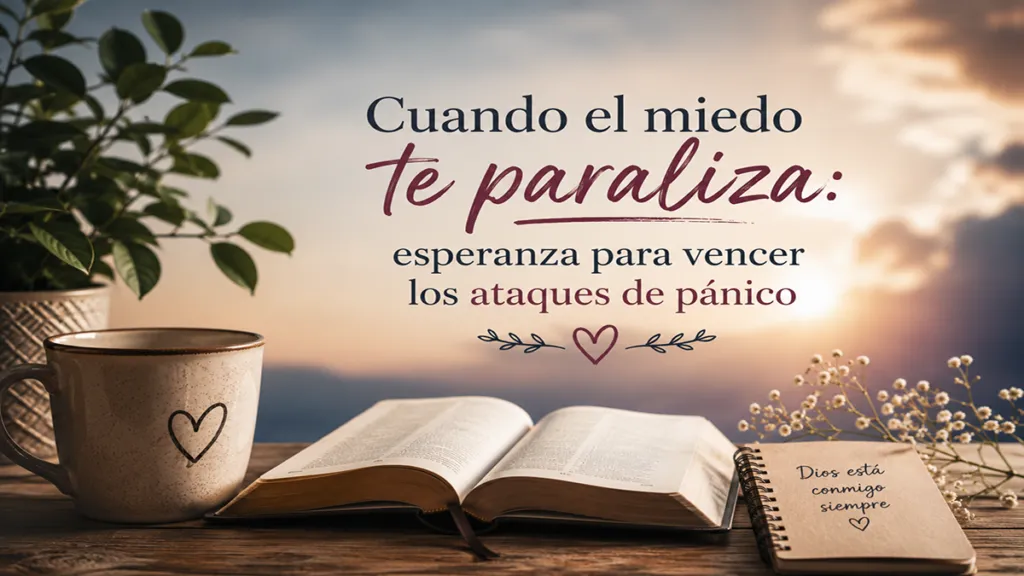 Open Bible on a wooden table with a mug and an open notebook, set against a sunset; Spanish motivational text overlay about fear and overcoming panic.