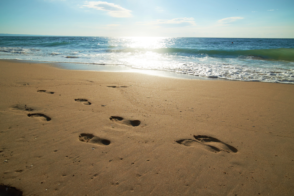 Footprints in the sandy beach leading toward the ocean under a bright sky with gentle waves.