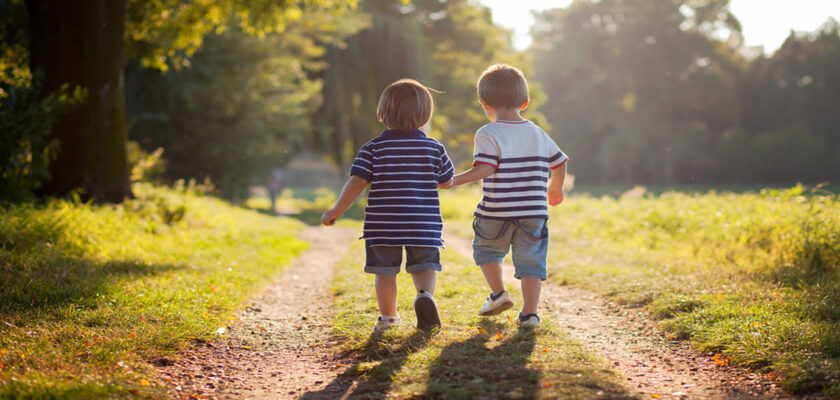 Two young children holding hands and walking down a sunlit park path.
