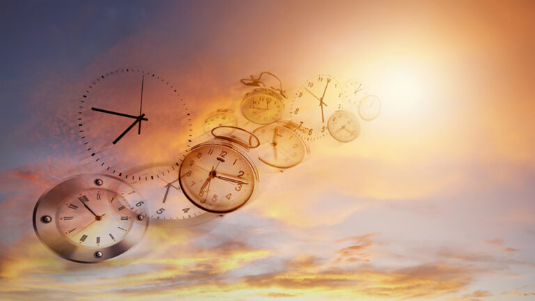 Clocks and pocket watches drift across a warm sunset sky, symbolizing time passing and urgency.