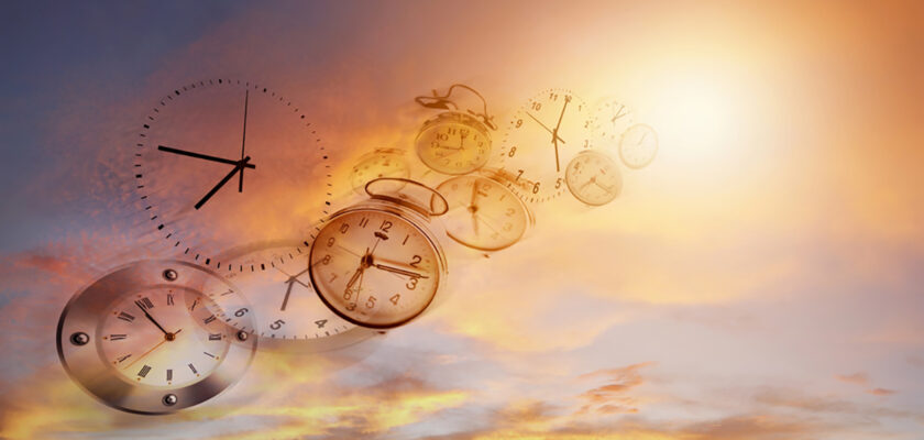 Clocks and pocket watches drift across a warm sunset sky, symbolizing time passing and urgency.