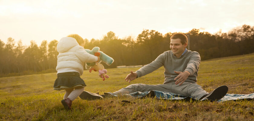 Father and young child playing in a sunlit park on a blanket, tossing plush toys to each other with smiles on their faces.