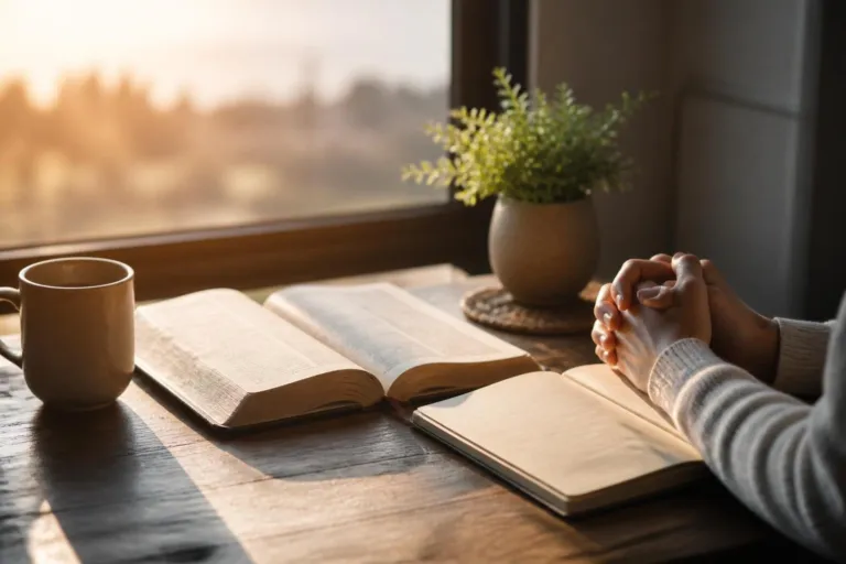 Hands folded in prayer beside an open book and a notebook on a wooden table, with a mug and a potted plant in warm sunlight by the window.