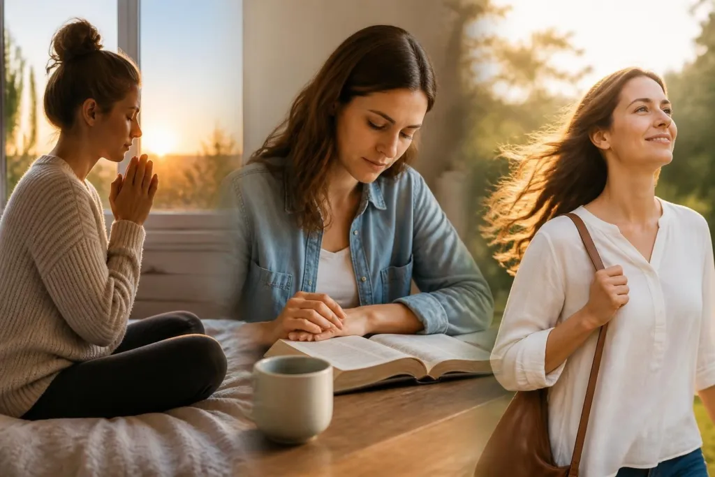 Woman meditates by a sunlit window, another reads a book at a table with a mug, and a smiling woman walks outside.