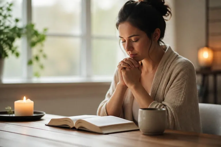 Devocional Hoy Tu Encuentro Diario con Dios - Renuevo De Plenitud Woman seated at a wooden table, hands clasped in prayer over an open book, with a lit candle and mug nearby in a cozy room.