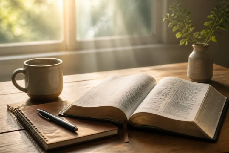 Devocional Para Hoy Guía Completa de Conexión Diaria - Renuevo De Plenitud Open book on a wooden desk with a notebook, pen, mug, and a small plant by a sunlit window.