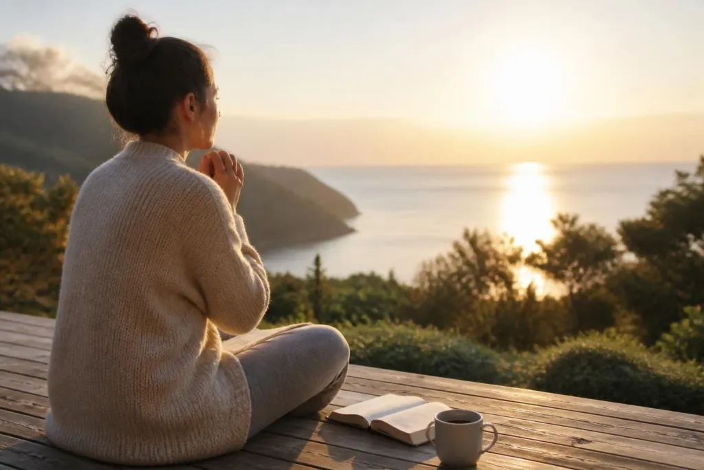Woman sitting cross‑legged on a wooden deck, watching a sunset over the sea with books and a mug nearby on the table.