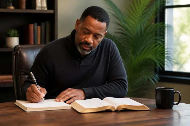 Devocionales Cristianos Cortos para Predicar con Poder - Renuevo De Plenitud Man in a dark sweater writes in a notebook at a wooden desk, with an open book and a black mug nearby.