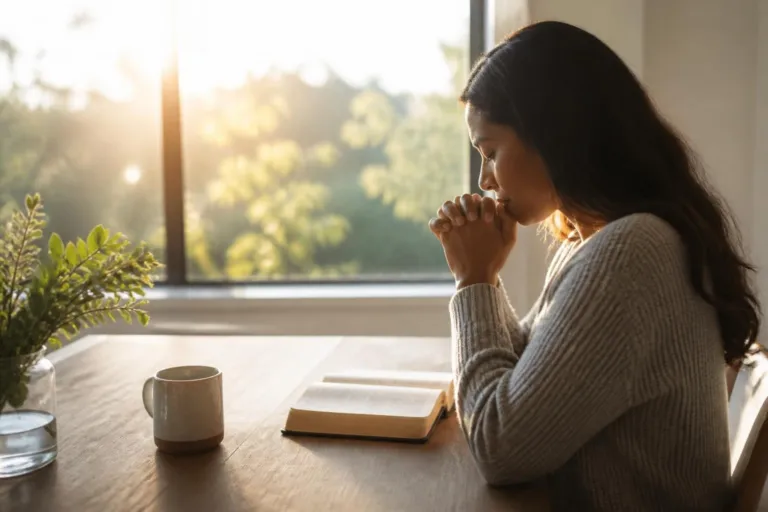 Woman sits at a wooden table by a sunlit window, hands clasped in prayer beside an open book and mug.