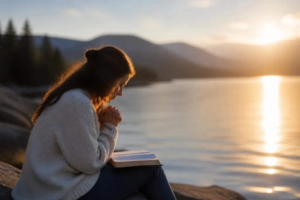 Woman sitting on a rock by a lake at sunset, reading a book with hands clasped in front of her.