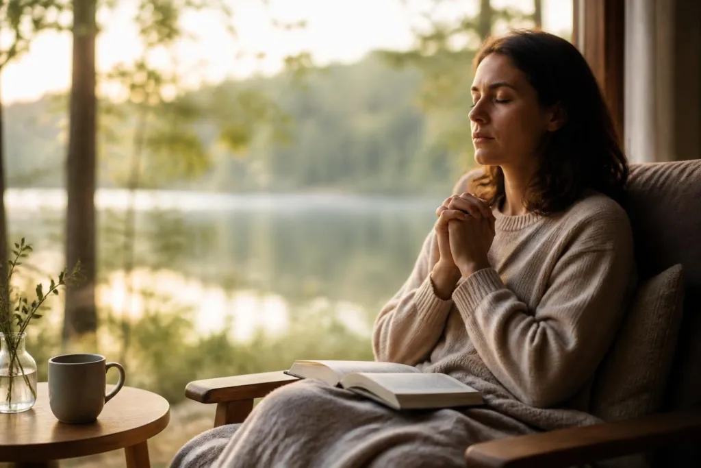 Woman sitting in a cozy chair with eyes closed, hands clasped in prayer-like pose, a book on her lap by a sunlit window.