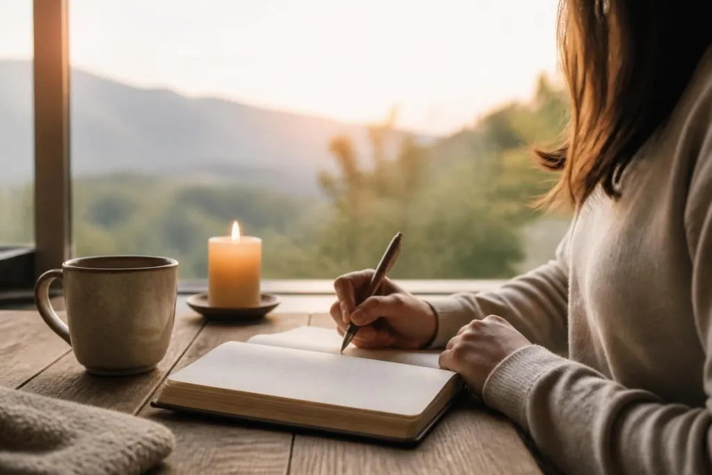 Person journaling or writing in a notebook at a wooden table by a window with a lit candle and mug nearby, cozy morning light.