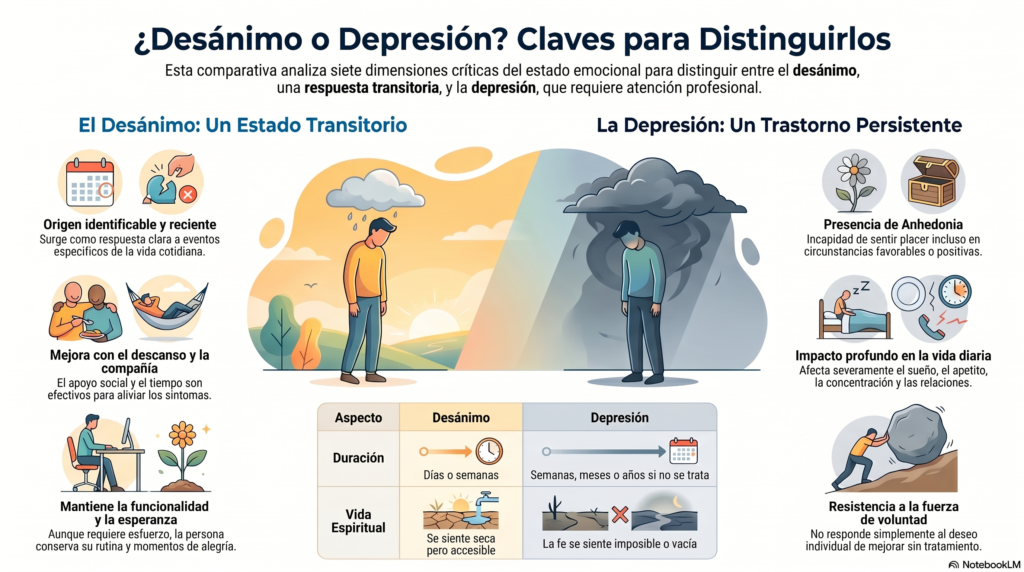 Infografía en español que compara el desánimo y la depresión, mostrando causas y efectos clave.