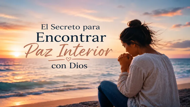 El secreto para encontrar paz interior con Dios - Renuevo De Plenitud Woman praying on a beach at sunset, with a Spanish promotional headline about finding inner peace with God text on the image.