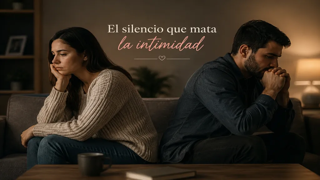 Couple sitting back-to-back on a sofa with somber expressions, dimly lit room conveying relationship tension and silence (banner text reads 'El silencio que mata la intimidad').