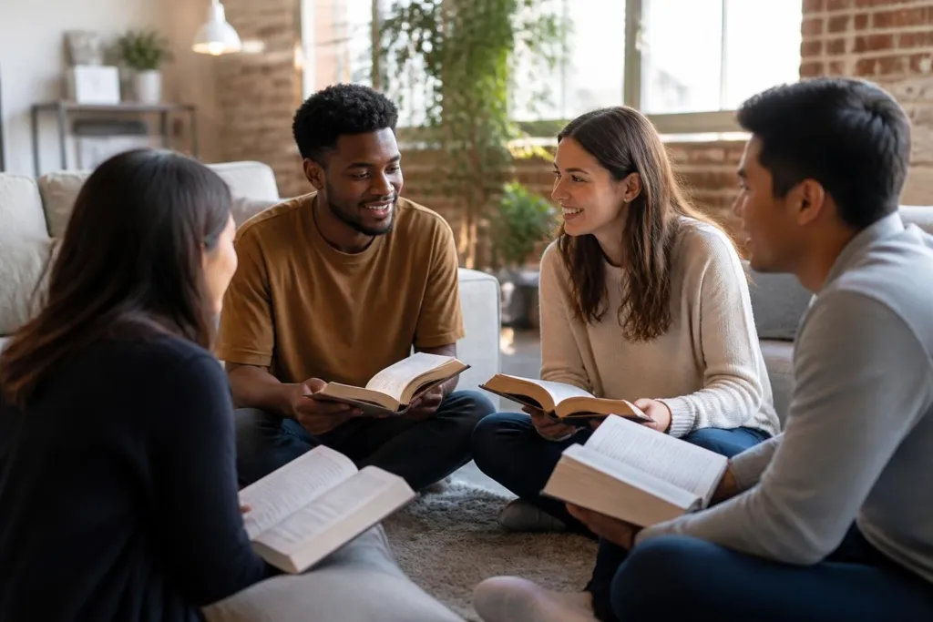 Group of four friends sitting on a rug in a living room, reading books and chatting together.