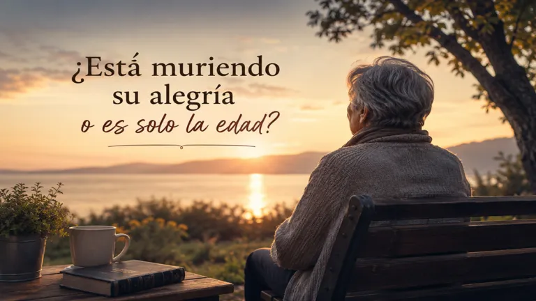 Está muriendo su alegría o es solo la edad - Renuevo De Plenitud Person seated on a bench at sunset, looking toward the horizon; Spanish text asks if joy is dying or if it's just age.