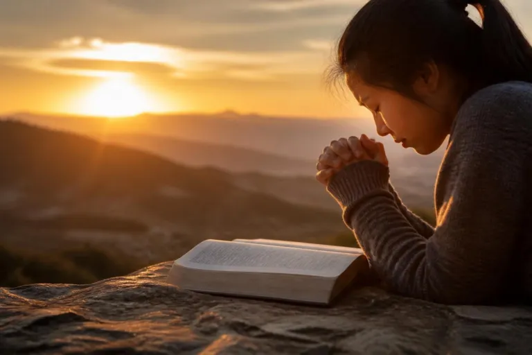 Frases Bonitas Cristianas Para Inspirar Tu Vida - Renuevo De Plenitud Person praying with hands clasped beside an open book on a rock at sunset, mountains in the background
