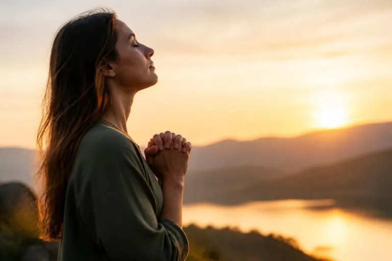 Woman in profile, eyes closed, hands clasped in prayer at sunset over a lake and hills.
