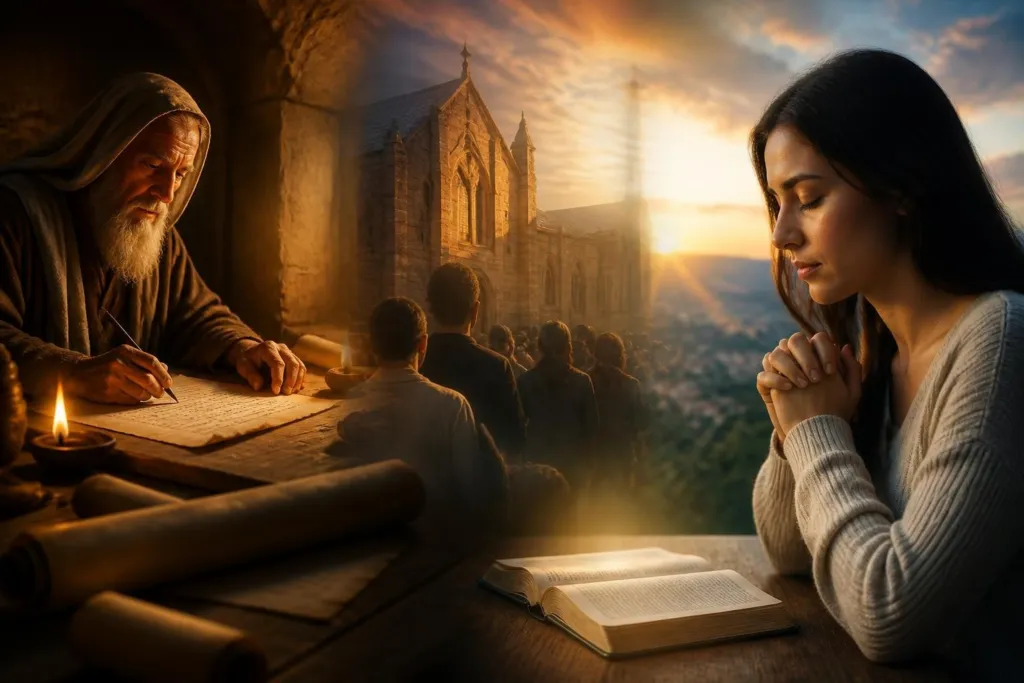 An elderly man in a hooded robe writes on parchment by candlelight, with a Gothic church and a praying woman with an open Bible in the background.