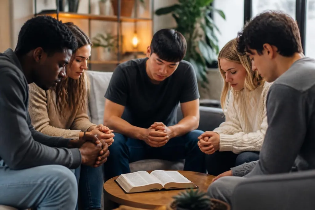 Five friends sit in a living room circle, hands clasped in prayer around an open Bible on a coffee table.
