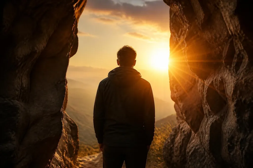 Man standing between rock walls at sunset, gazing toward the horizon glow of the sun ahead.