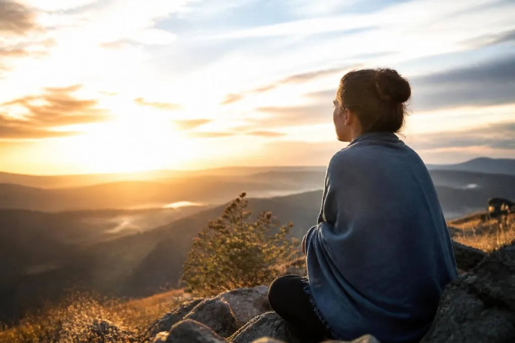Person wrapped in a blue shawl sits on a rocky outcrop, watching a golden sunset over rolling hills and valleys.