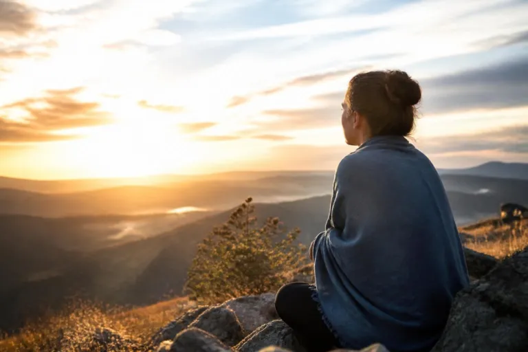 Person wrapped in a blue shawl sits on a rocky outcrop, watching a golden sunset over rolling hills and valleys.