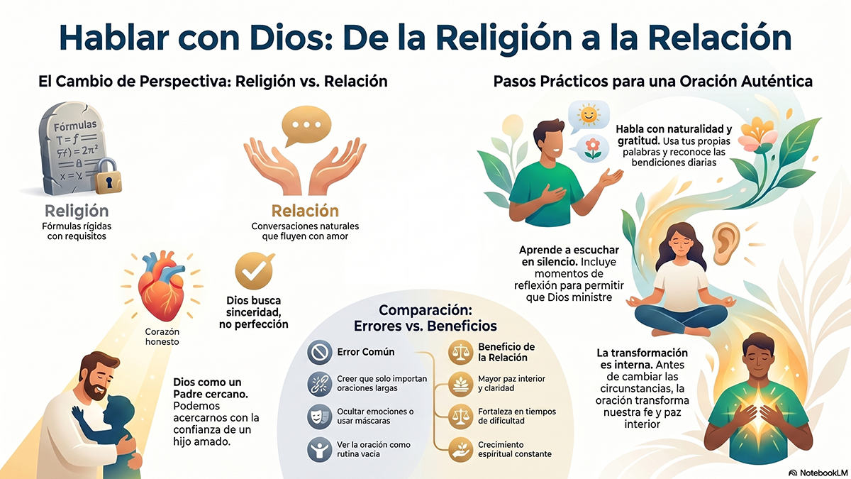 Hablar_con_Dios__Religión_vs_Relación - Renuevo De Plenitud Infografía en español sobre pasar de la religión a la relación con Dios, con secciones sobre cambio de perspectiva, prácticas de oración auténtica y mensajes de apoyo emocional y espiritual.