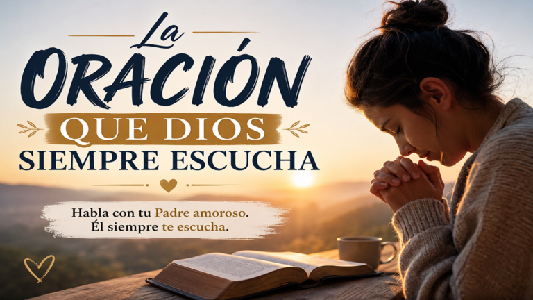 Mujer joven rezando con las manos juntas frente a un cuaderno/bíblia abierta al atardecer; texto en español promocional sobre oración.