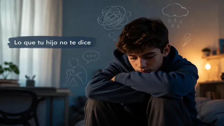 Lo que tu hijo no te dice las señales de ansiedad en adolescentes que no debes ignorar - Renuevo De Plenitud Teenage boy sitting with his head down in a dimly lit room, wall doodles and the text 'Lo que tu hijo no te dice' visible.