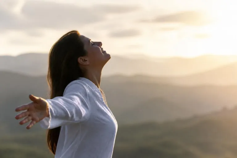 Mensajes Positivos Cristianos Renovando Tu Fe Cada Día - Renuevo De Plenitud Woman with arms outstretched, facing the sun over a mountain landscape at sunset/sunrise.